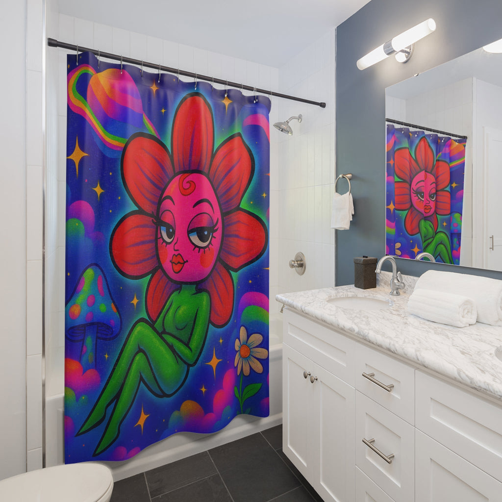 Sweet Pea: Cosmic Bloom Shower Curtains - Moon Frankenstein