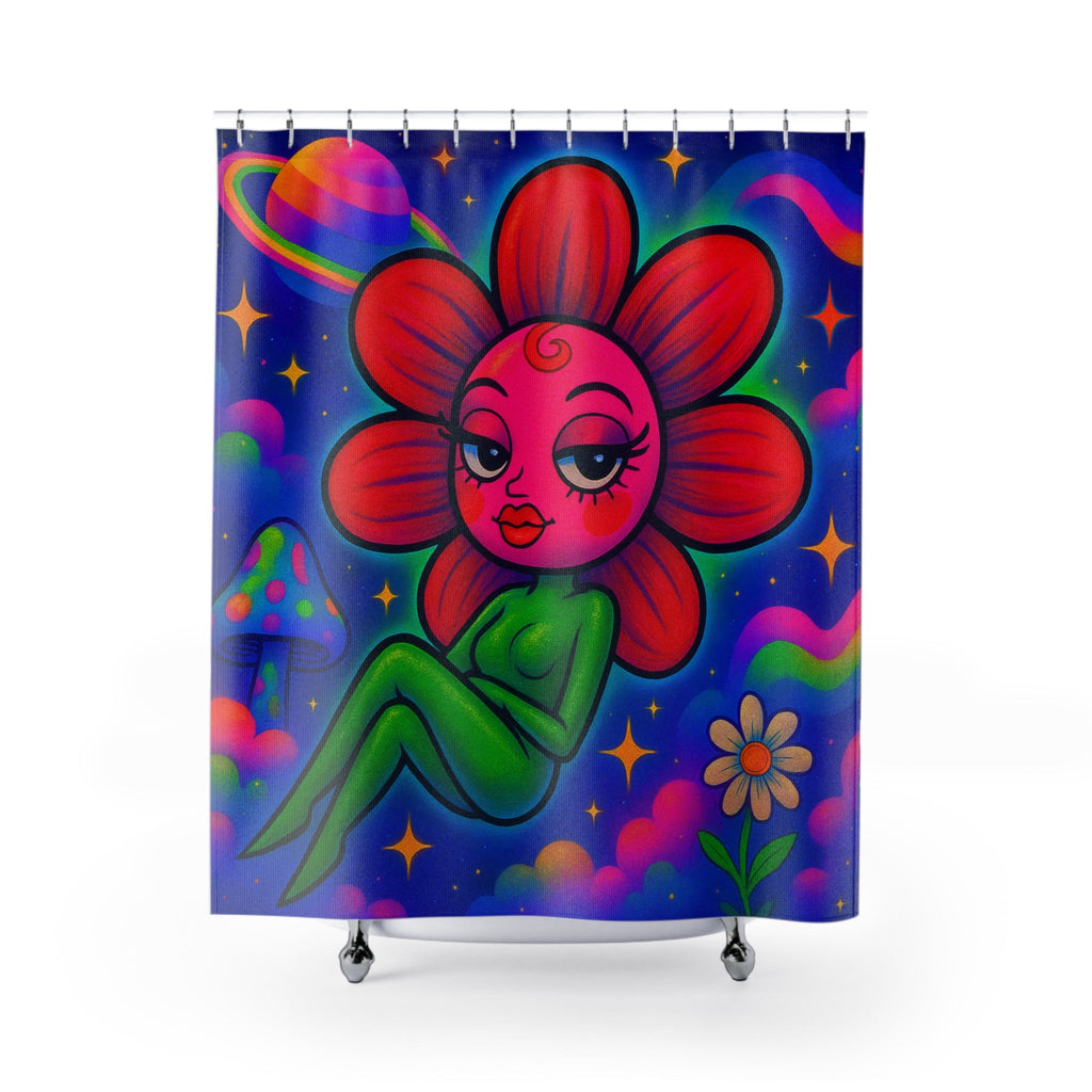 Sweet Pea: Cosmic Bloom Shower Curtains - Moon Frankenstein